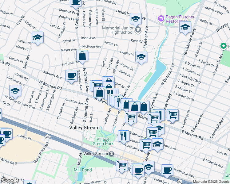 map of restaurants, bars, coffee shops, grocery stores, and more near 30 Hudson Avenue in Valley Stream