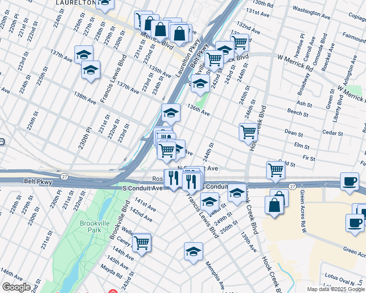 map of restaurants, bars, coffee shops, grocery stores, and more near 241-15 138th Avenue in Queens