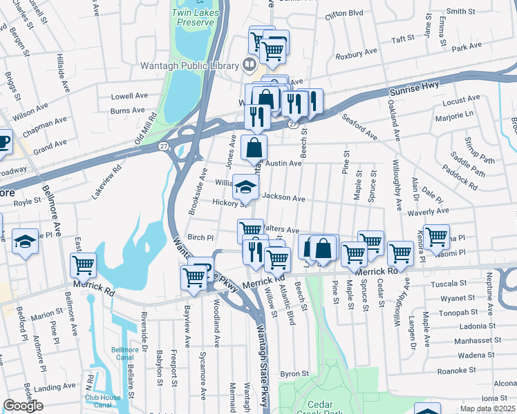 map of restaurants, bars, coffee shops, grocery stores, and more near 2149 Wantagh Avenue in Wantagh