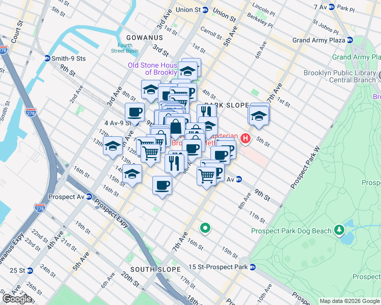 map of restaurants, bars, coffee shops, grocery stores, and more near 366 9th Street in Brooklyn