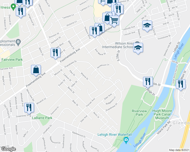 map of restaurants, bars, coffee shops, grocery stores, and more near 16 White Rose Lane in Easton