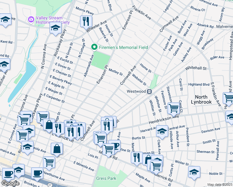map of restaurants, bars, coffee shops, grocery stores, and more near 253 E Chester St in Valley Stream