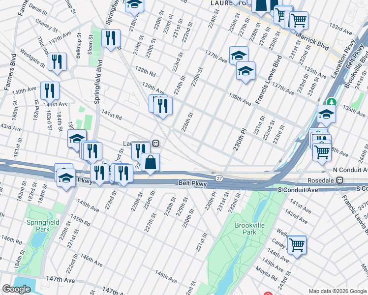 map of restaurants, bars, coffee shops, grocery stores, and more near 226-18 Mentone Avenue in Queens