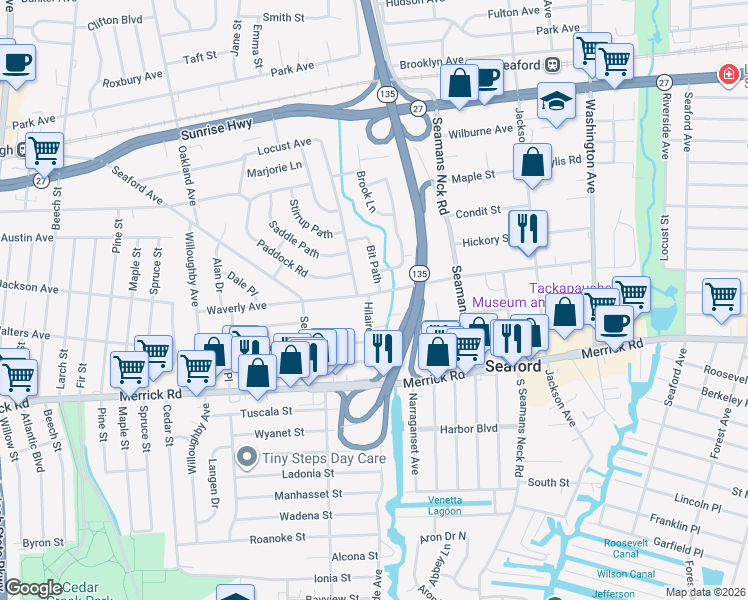 map of restaurants, bars, coffee shops, grocery stores, and more near 3772 Hilaire Way in Seaford