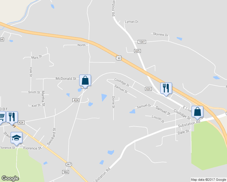 map of restaurants, bars, coffee shops, grocery stores, and more near 16069 Dome Street in East Liverpool