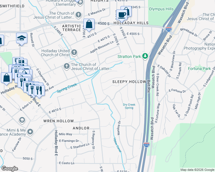 map of restaurants, bars, coffee shops, grocery stores, and more near 2839 East Naniloa Circle in Holladay