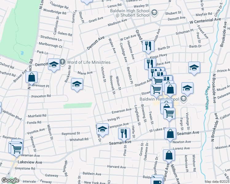 map of restaurants, bars, coffee shops, grocery stores, and more near 590 Stanton Avenue in Baldwin