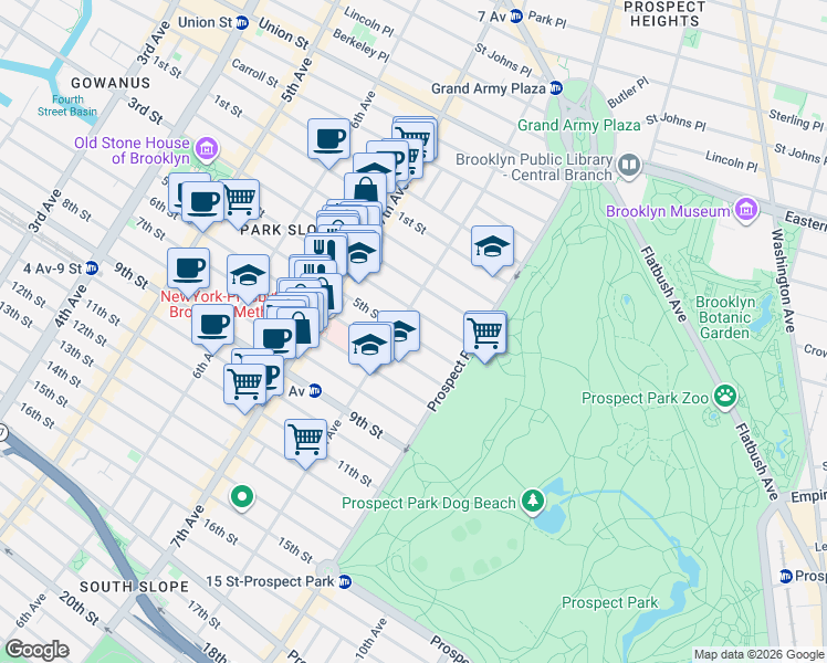 map of restaurants, bars, coffee shops, grocery stores, and more near 557 5th Street in Brooklyn