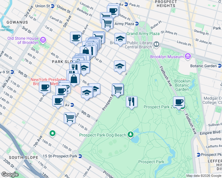 map of restaurants, bars, coffee shops, grocery stores, and more near 75 Prospect Park West in Brooklyn