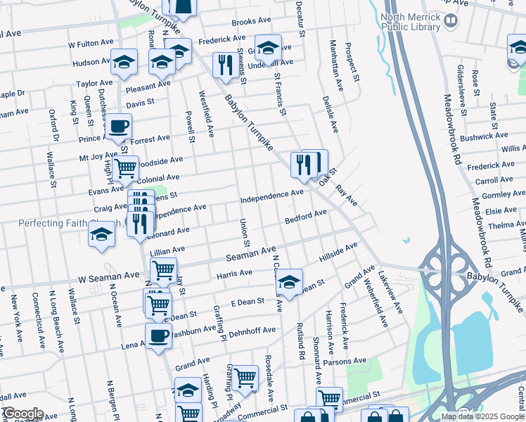 map of restaurants, bars, coffee shops, grocery stores, and more near 280 North Columbus Avenue in Freeport