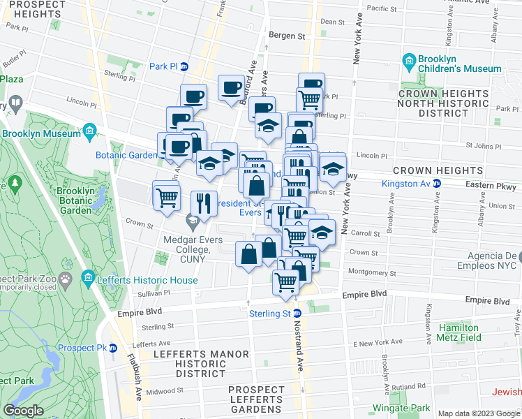map of restaurants, bars, coffee shops, grocery stores, and more near 1136 President Street in Brooklyn