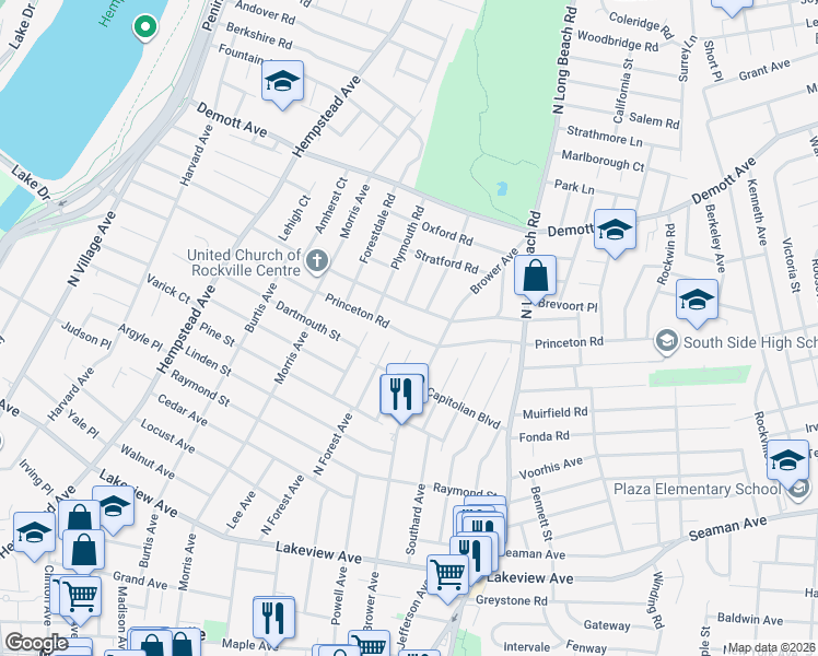 map of restaurants, bars, coffee shops, grocery stores, and more near 165 Princeton Road in Rockville Centre