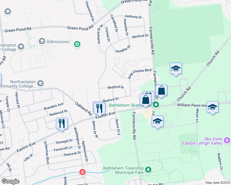 map of restaurants, bars, coffee shops, grocery stores, and more near 4218 Bedford Drive in Bethlehem
