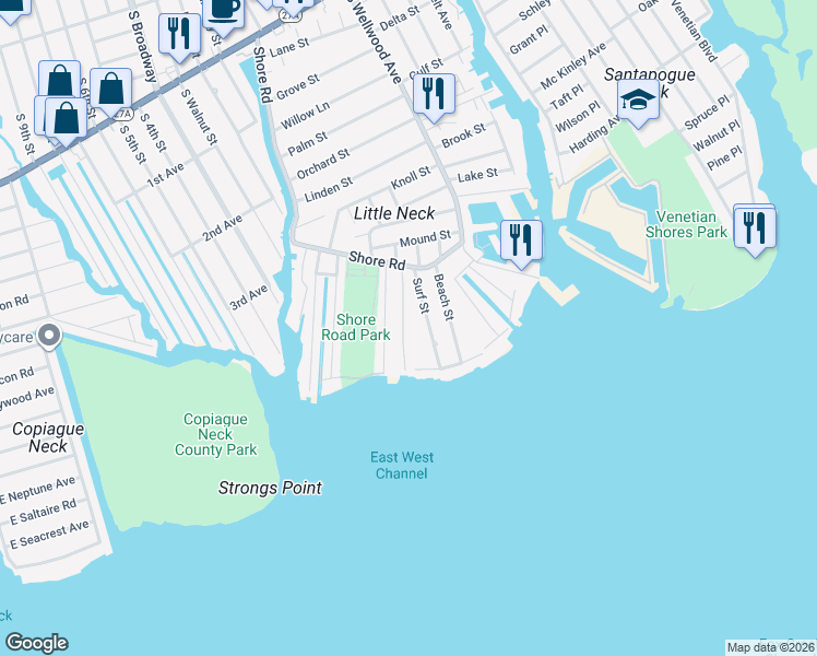 map of restaurants, bars, coffee shops, grocery stores, and more near 820 Anthony Drive in Lindenhurst