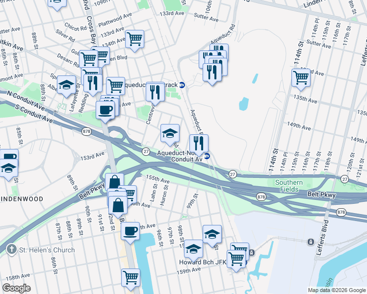 map of restaurants, bars, coffee shops, grocery stores, and more near 150-42 99th Place in Queens