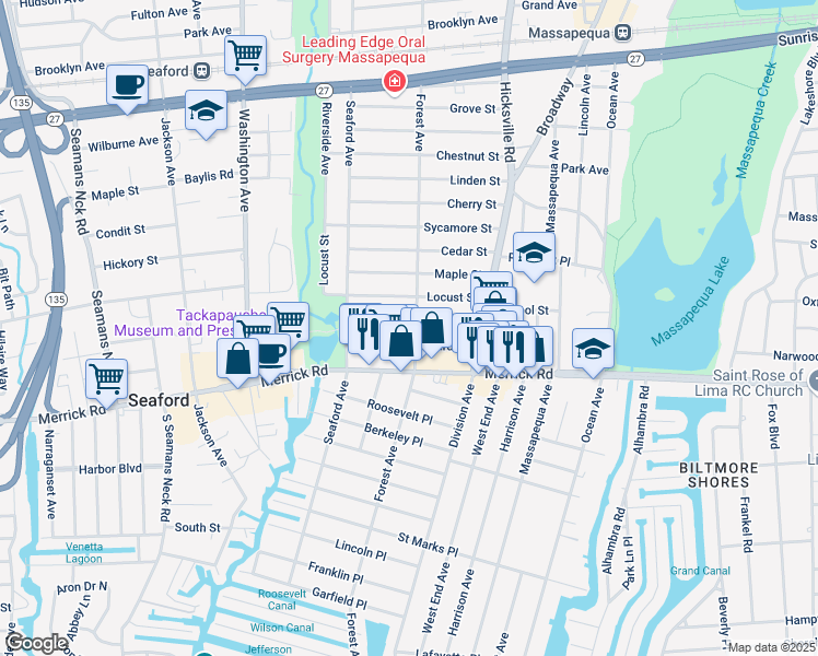 map of restaurants, bars, coffee shops, grocery stores, and more near 320 Forest Avenue in Massapequa