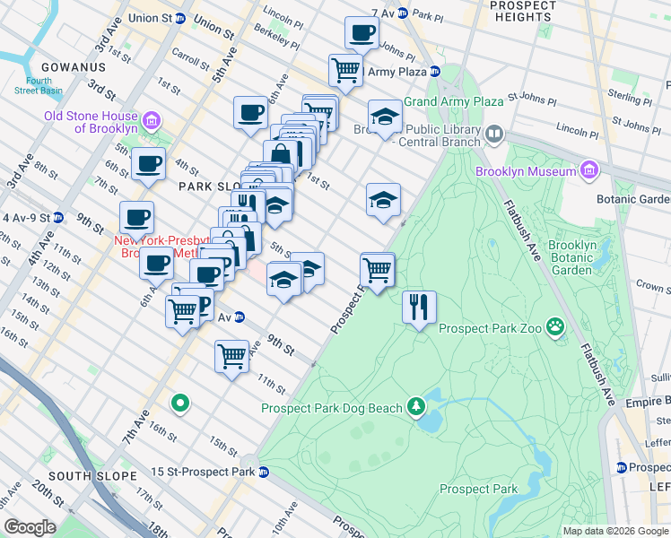 map of restaurants, bars, coffee shops, grocery stores, and more near 552 4th Street in Brooklyn