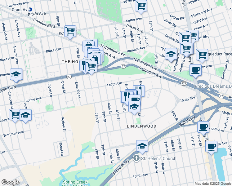 map of restaurants, bars, coffee shops, grocery stores, and more near 149-34 81st Street in Queens