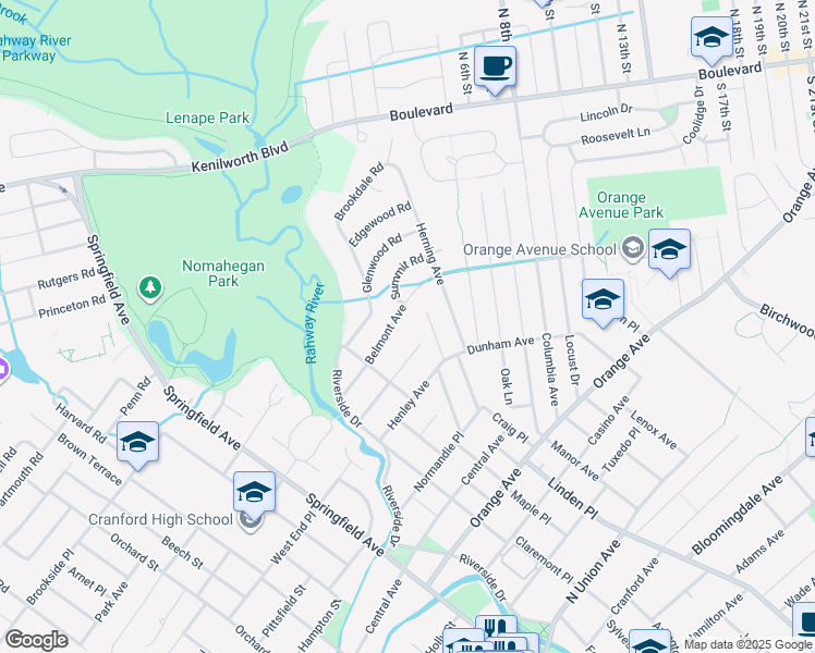 map of restaurants, bars, coffee shops, grocery stores, and more near 53 Richmond Avenue in Cranford
