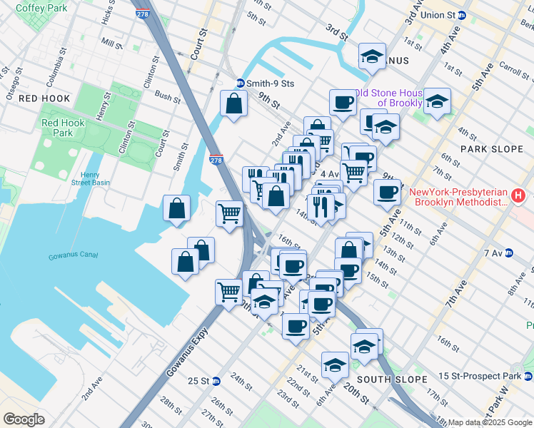 map of restaurants, bars, coffee shops, grocery stores, and more near 60 15th Street in Brooklyn