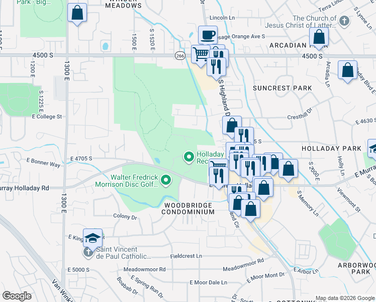 map of restaurants, bars, coffee shops, grocery stores, and more near South 1665 East in Millcreek
