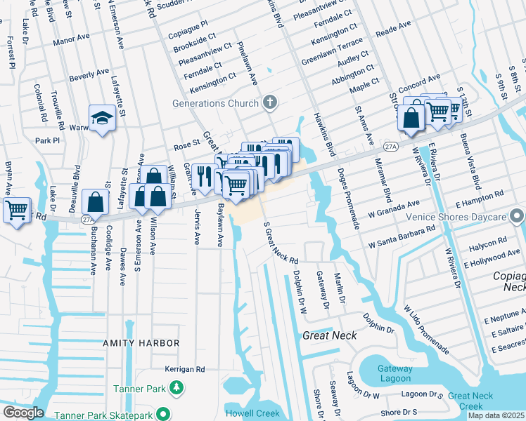 map of restaurants, bars, coffee shops, grocery stores, and more near 135 South Great Neck Road in Copiague
