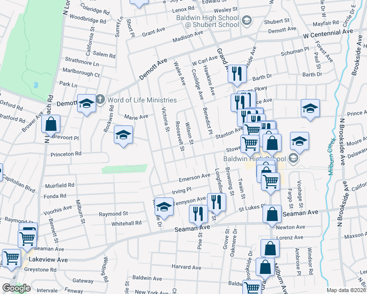 map of restaurants, bars, coffee shops, grocery stores, and more near 590 Stanton Avenue in Baldwin
