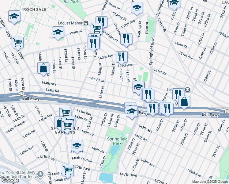 map of restaurants, bars, coffee shops, grocery stores, and more near 143-30 183rd Street in Queens