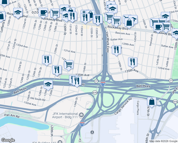 map of restaurants, bars, coffee shops, grocery stores, and more near 12 134th Avenue in Queens