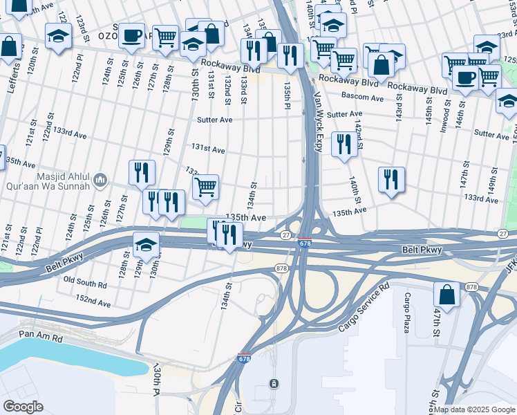 map of restaurants, bars, coffee shops, grocery stores, and more near 134-12 134th Avenue in Queens