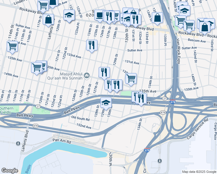 map of restaurants, bars, coffee shops, grocery stores, and more near 135-30 130th Street in Queens