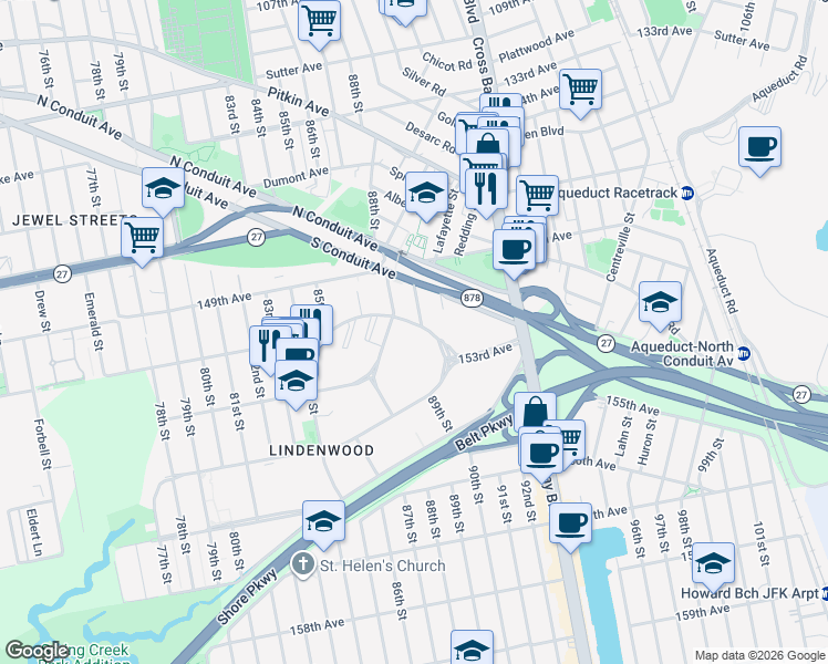 map of restaurants, bars, coffee shops, grocery stores, and more near 88-12 151st Avenue in Queens