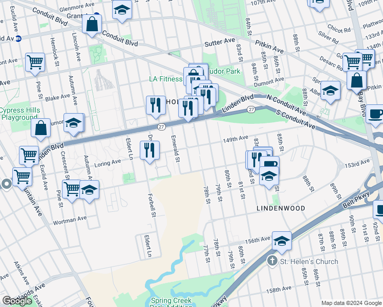 map of restaurants, bars, coffee shops, grocery stores, and more near 140 Sapphire Street in Brooklyn