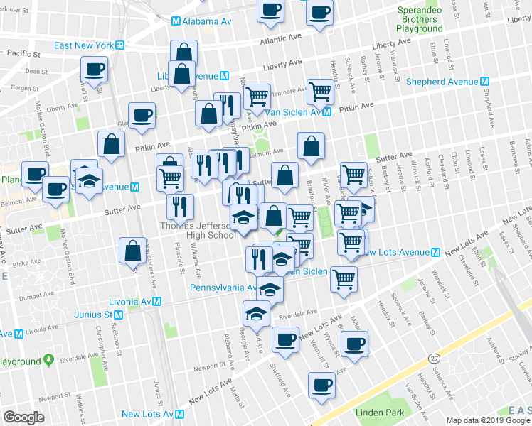 map of restaurants, bars, coffee shops, grocery stores, and more near 381 Pennsylvania Avenue in Brooklyn