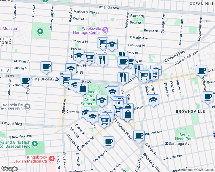 map of restaurants, bars, coffee shops, grocery stores, and more near 1324 Eastern Parkway in Brooklyn