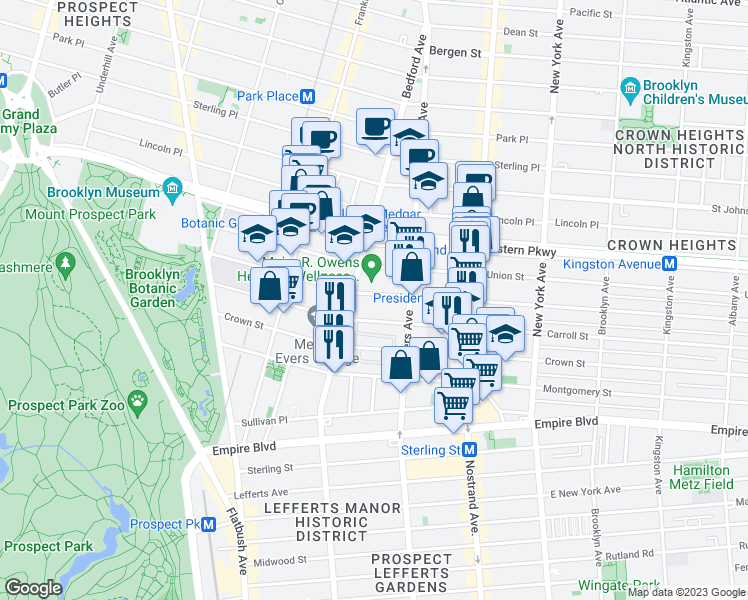 map of restaurants, bars, coffee shops, grocery stores, and more near 1102 President Street in Brooklyn