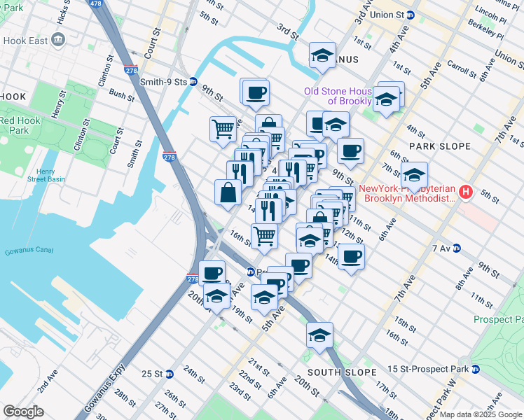map of restaurants, bars, coffee shops, grocery stores, and more near 163A 14th Street in Brooklyn