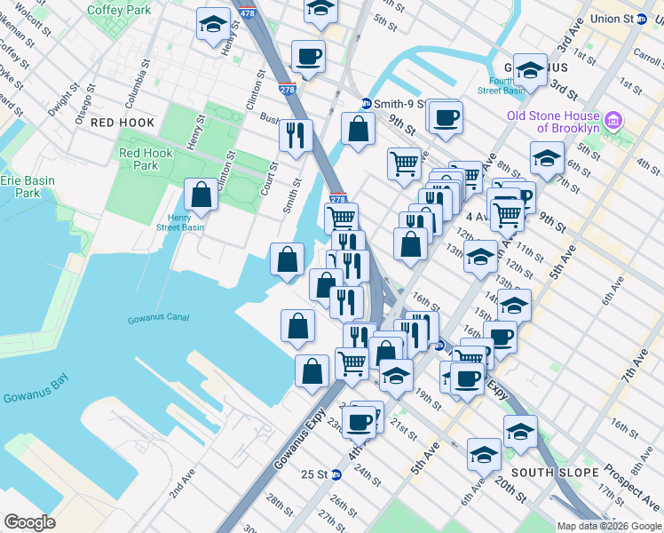 map of restaurants, bars, coffee shops, grocery stores, and more near 500 Hamilton Avenue in Brooklyn