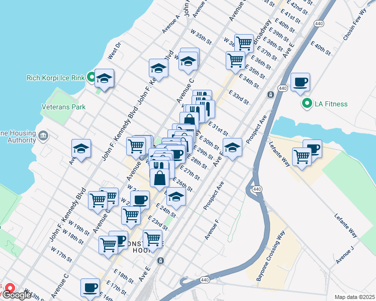 map of restaurants, bars, coffee shops, grocery stores, and more near in Bayonne