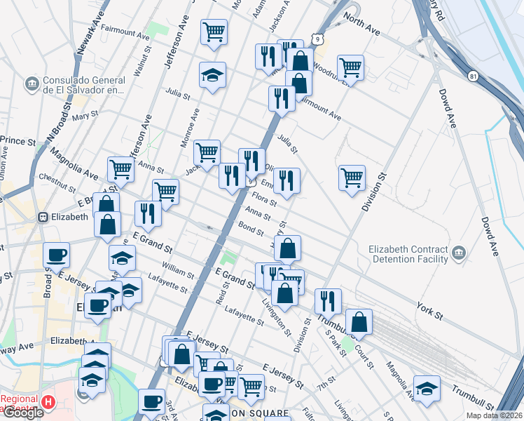 map of restaurants, bars, coffee shops, grocery stores, and more near 937 Anna Street in Elizabeth