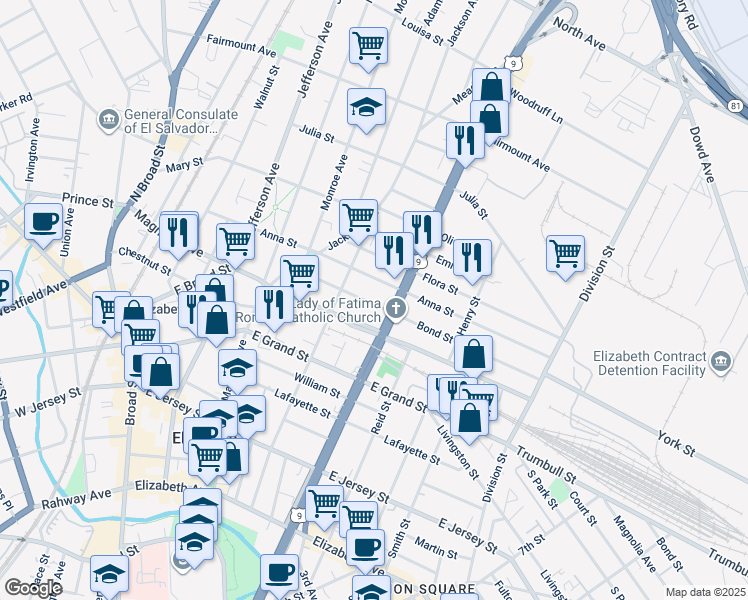 map of restaurants, bars, coffee shops, grocery stores, and more near 1026 Bond Street in Elizabeth