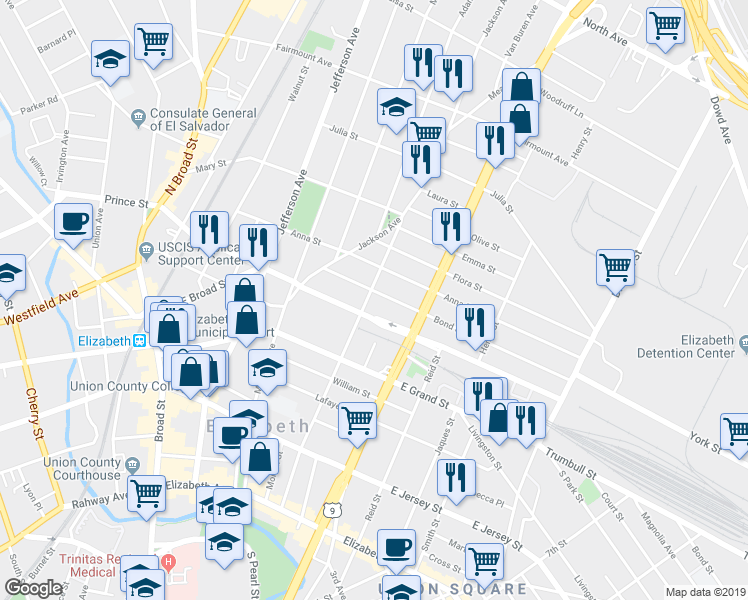 map of restaurants, bars, coffee shops, grocery stores, and more near 1026 Bond Street in Elizabeth