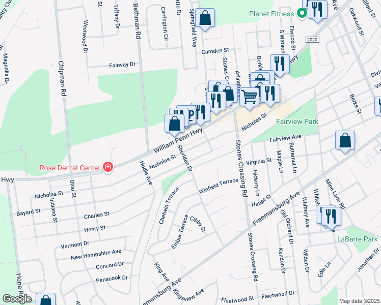 map of restaurants, bars, coffee shops, grocery stores, and more near 4133 Bayard Street in Easton