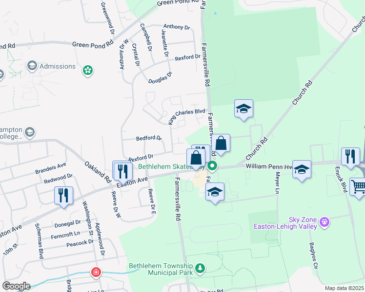map of restaurants, bars, coffee shops, grocery stores, and more near 108 Brandywine Drive in Bethlehem