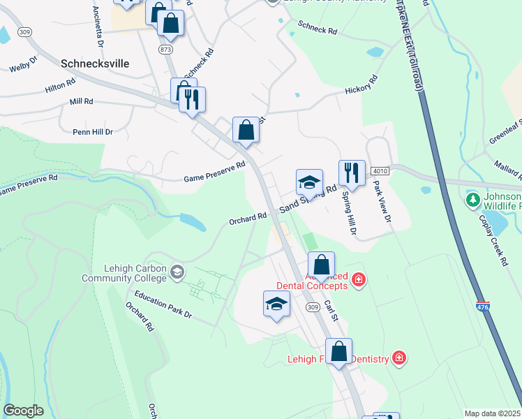 map of restaurants, bars, coffee shops, grocery stores, and more near 4423 Orchard Road in Schnecksville