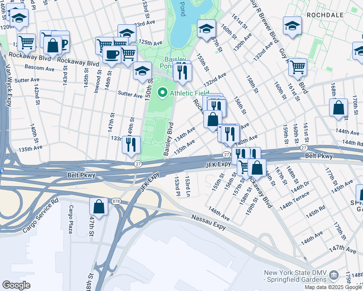 map of restaurants, bars, coffee shops, grocery stores, and more near 151-58 135th Avenue in Queens