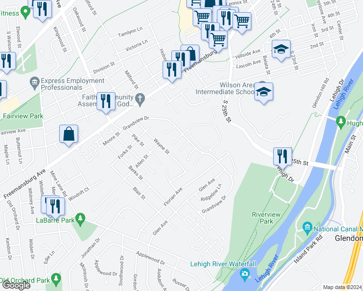 map of restaurants, bars, coffee shops, grocery stores, and more near 14 White Rose Lane in Easton