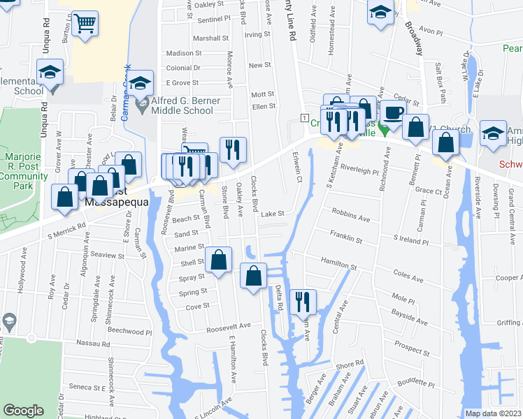 map of restaurants, bars, coffee shops, grocery stores, and more near 550 Clocks Boulevard in Massapequa