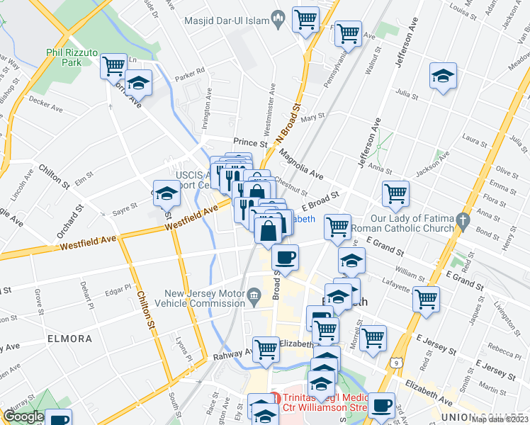 map of restaurants, bars, coffee shops, grocery stores, and more near 250 N Broad St in Elizabeth