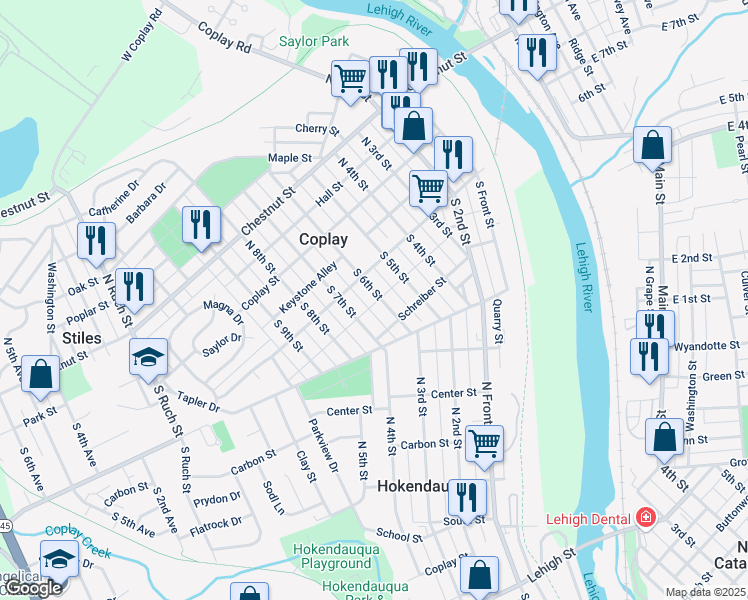 map of restaurants, bars, coffee shops, grocery stores, and more near 120 South 6th Street in Coplay